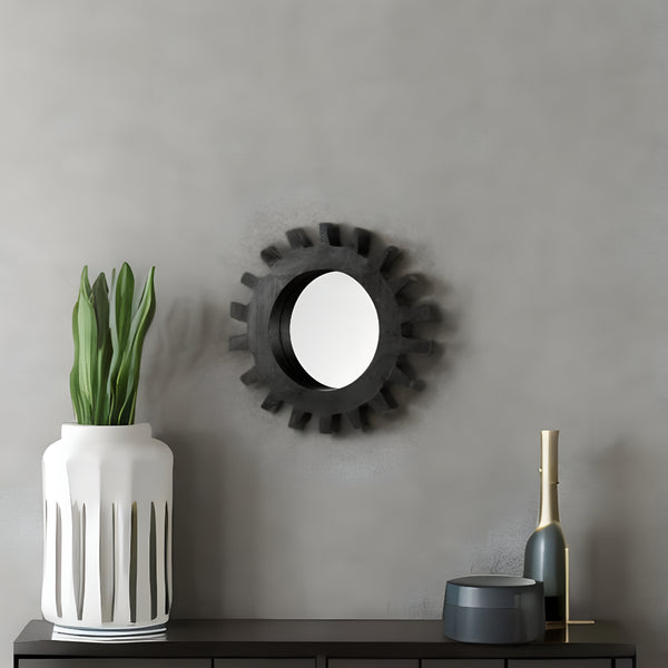 Homeroots 17" Black Abstract Wood Framed Accent Mirror  Mango Wood 376405