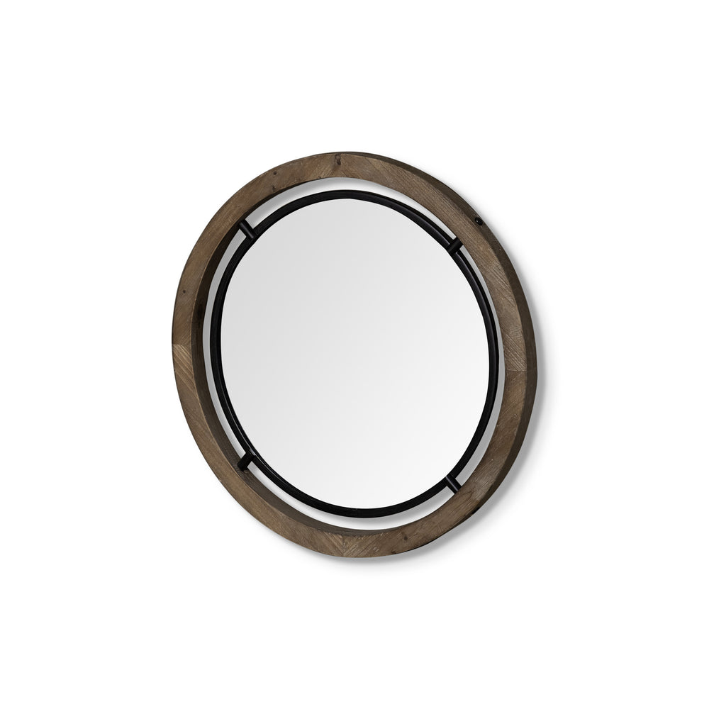 Homeroots 19" Brown Wood And Black Metal Frame Wall Mirror  Mango Wood 376406