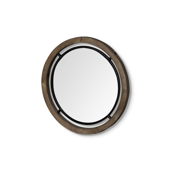 Homeroots 19" Brown Wood And Black Metal Frame Wall Mirror  Mango Wood 376406