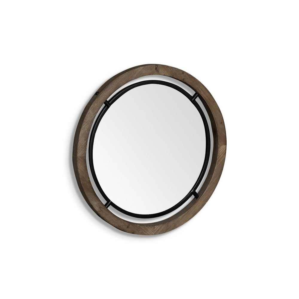 HomeRoots 19" Rustic Round Accent Mirror in Brown Wood & Black Metal - Stylish Focal Point for Any Room 376406