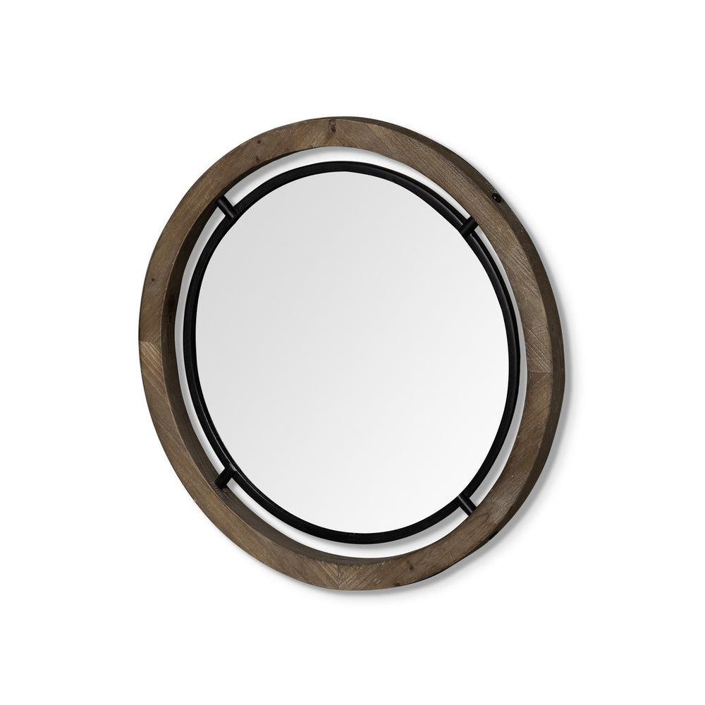 Homeroots 24" Brown Round Wood Framed Accent Mirror  Wood 376407