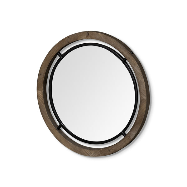 Homeroots 24" Brown Round Wood Framed Accent Mirror  Wood 376407