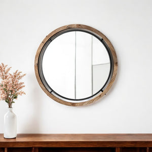 HomeRoots 24" Rustic-Modern Round Metal and Wood Accent Mirror for Entryways, Living Rooms, and Bedrooms 376407