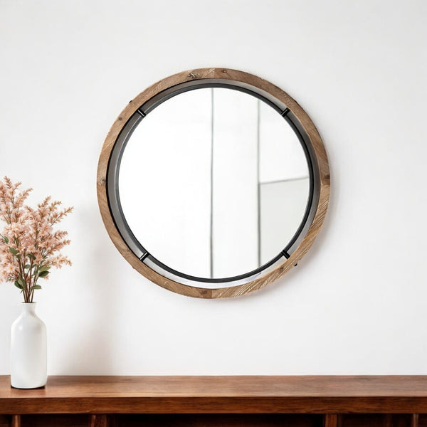 HomeRoots 24" Rustic-Modern Round Metal and Wood Accent Mirror for Entryways, Living Rooms, and Bedrooms 376407