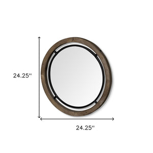 HomeRoots 24" Rustic-Modern Round Metal and Wood Accent Mirror for Entryways, Living Rooms, and Bedrooms 376407