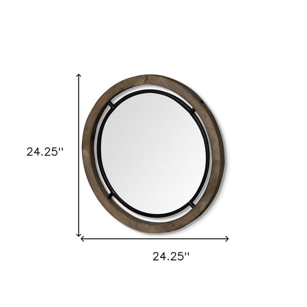 HomeRoots 24" Rustic-Modern Round Metal and Wood Accent Mirror for Entryways, Living Rooms, and Bedrooms 376407