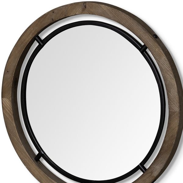 Homeroots 24" Brown Round Wood Framed Accent Mirror  Wood 376407