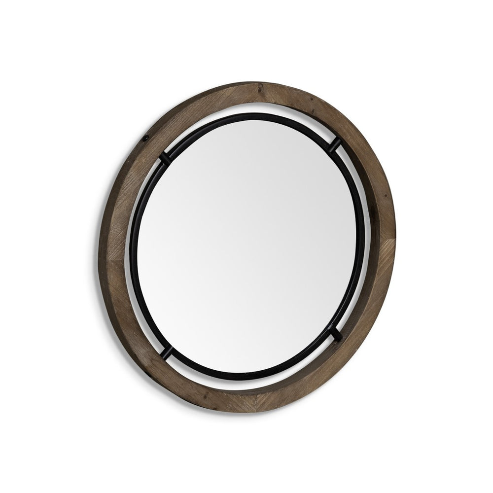 HomeRoots 24" Rustic-Modern Round Metal and Wood Accent Mirror for Entryways, Living Rooms, and Bedrooms 376407