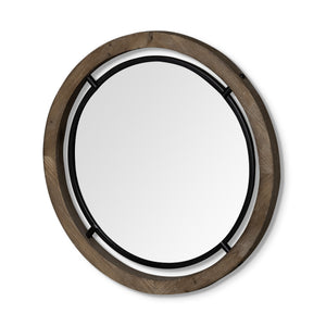 Homeroots 28" Brown Wood And Black Metal Round Framed Accent Mirror  Wood 376408