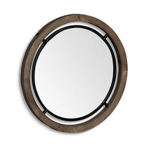 Homeroots 28" Brown Wood And Black Metal Round Framed Accent Mirror  Wood 376408