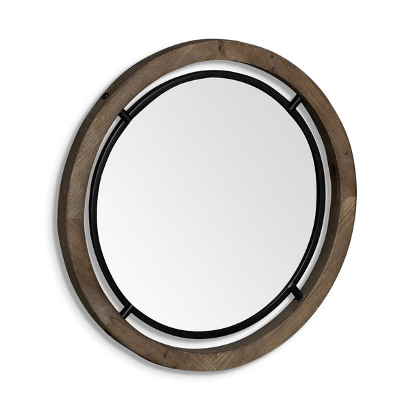Homeroots 28" Brown Wood And Black Metal Round Framed Accent Mirror  Wood 376408