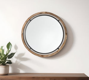 Homeroots 28" Brown Wood And Black Metal Round Framed Accent Mirror  Wood 376408