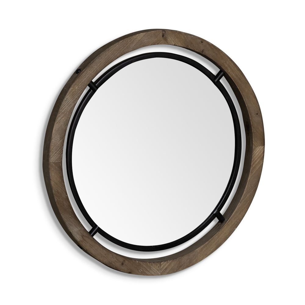Homeroots 28" Brown Wood And Black Metal Round Framed Accent Mirror  Wood 376408