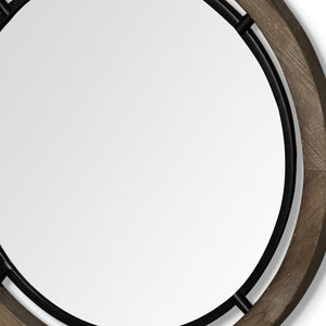 Homeroots 28" Brown Wood And Black Metal Round Framed Accent Mirror  Wood 376408