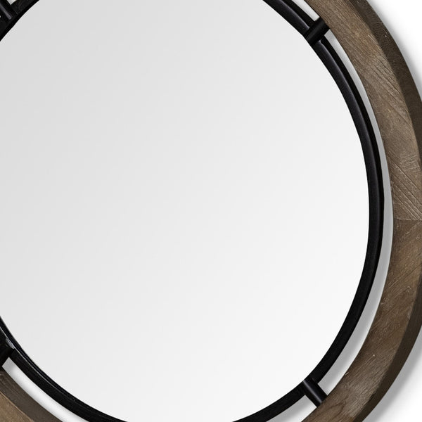 Homeroots 28" Brown Wood And Black Metal Round Framed Accent Mirror  Wood 376408