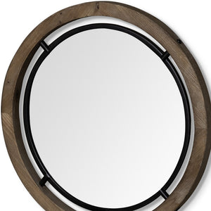 Homeroots 28" Brown Wood And Black Metal Round Framed Accent Mirror  Wood 376408