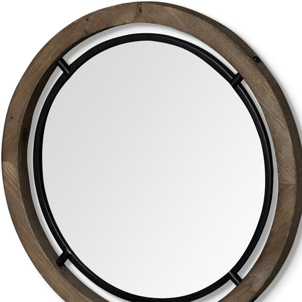 Homeroots 28" Brown Wood And Black Metal Round Framed Accent Mirror  Wood 376408