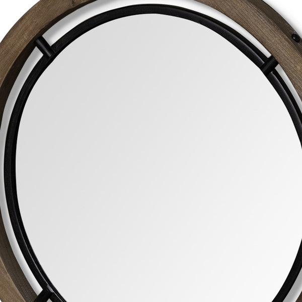 Homeroots 28" Brown Wood And Black Metal Round Framed Accent Mirror  Wood 376408