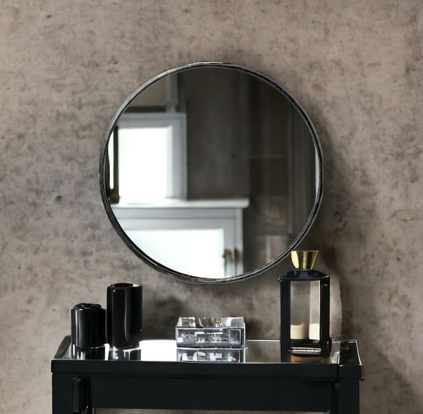 HomeRoots 47" Round Black Metal Frame Wall Mirror - Modern Minimalist Design for Elegant Home Décor & Style 376409