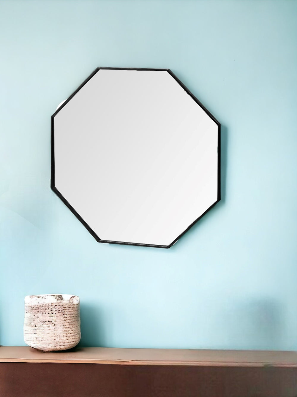 Homeroots 37" Octogon Black Metal Frame Wall Mirror  Metal 376412