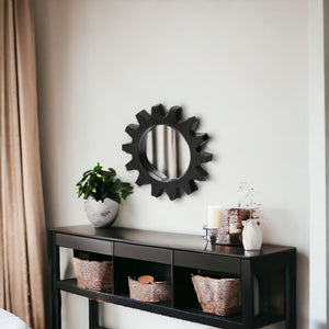 Homeroots Cog 17" Round Black Metal Frame Wall Mirror  Metal 376413
