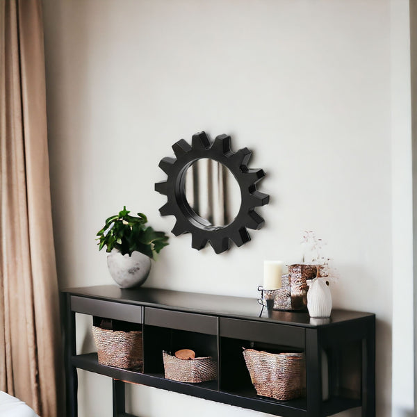 Homeroots Cog 17" Round Black Metal Frame Wall Mirror  Metal 376413