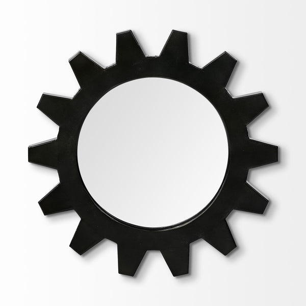 Homeroots Cog 17" Round Black Metal Frame Wall Mirror  Metal 376413