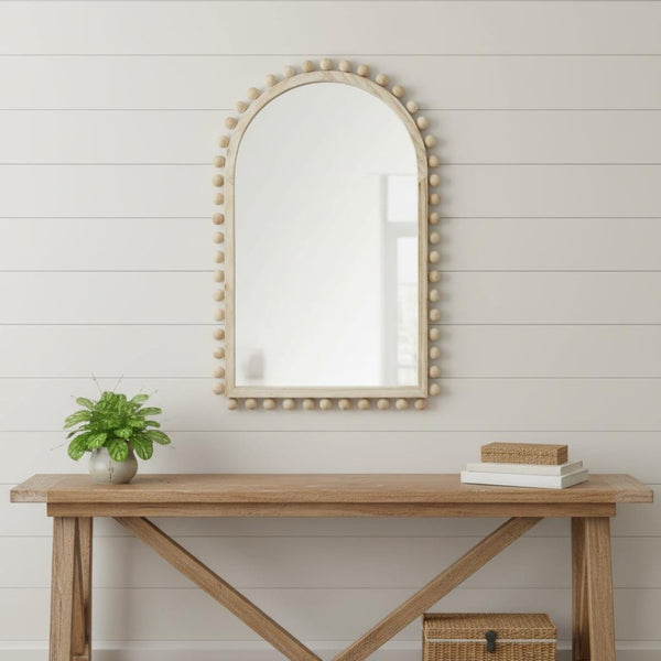 HomeRoots 35" Natural Arch Wood Framed Accent Mirror - Timeless Elegance for Modern Rustic Home Decor Spaces 376420
