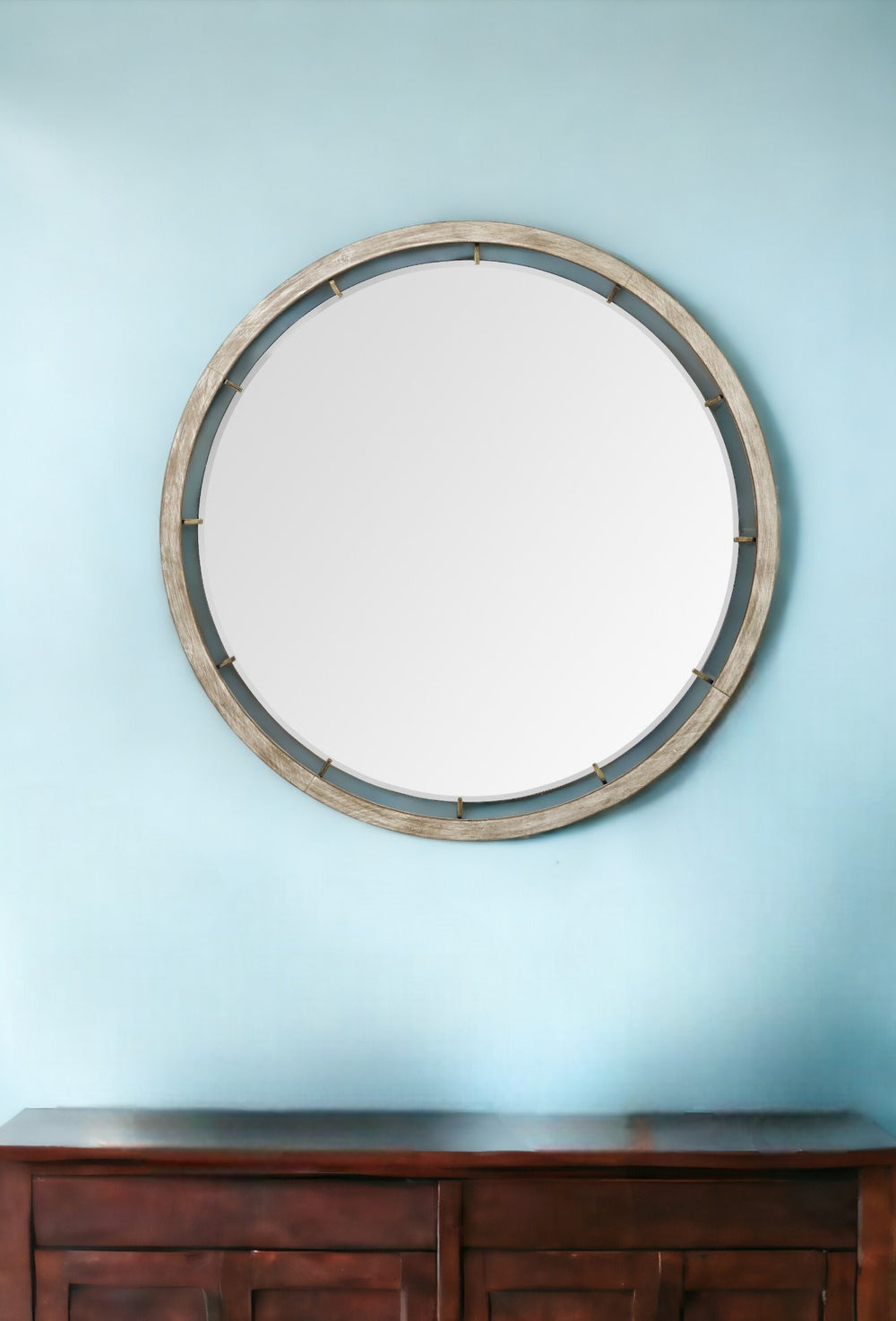 Homeroots 54" Brown Wood And Metal Round Framed Accent Mirror   376422
