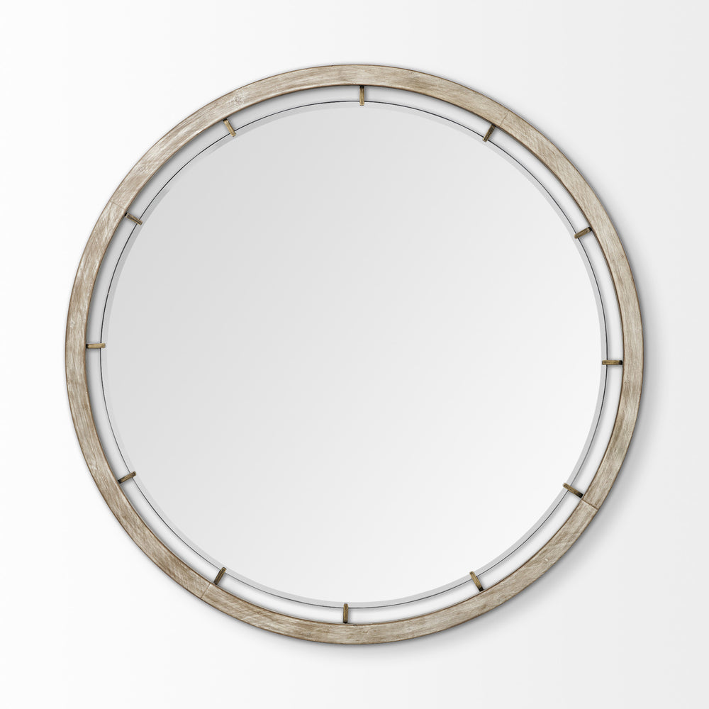 Homeroots 54" Brown Wood And Metal Round Framed Accent Mirror   376422