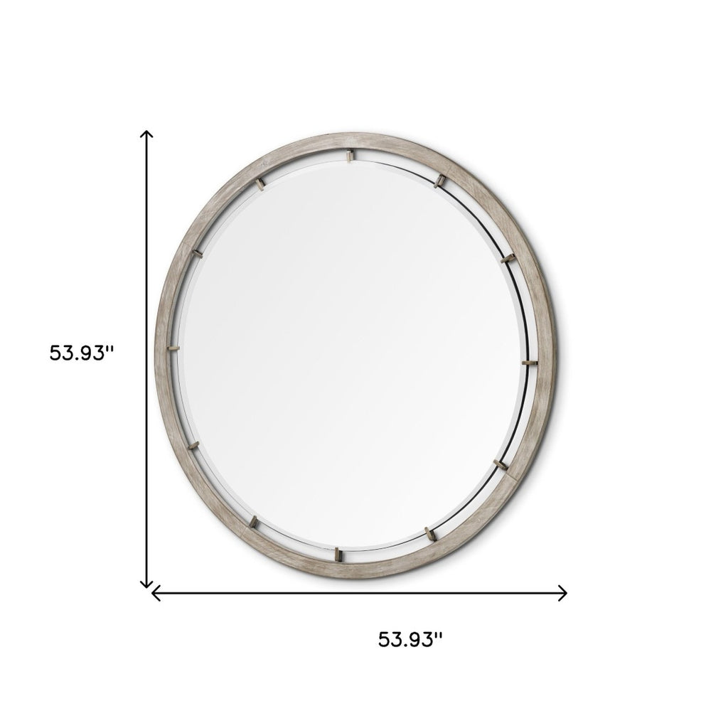 HomeRoots 54" Rustic Round Wood and Metal Accent Mirror - Oversized Coastal Decor for Any Space, Clear Reflection 376422