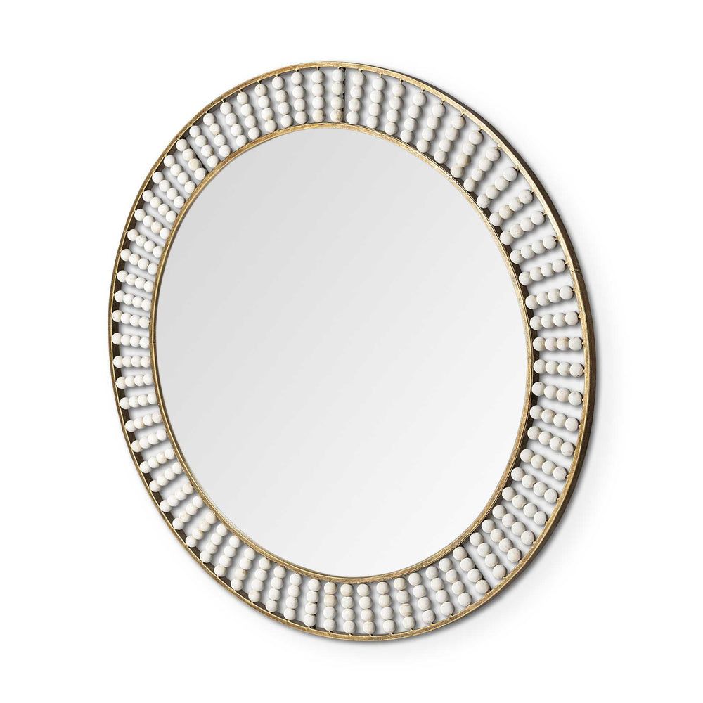 Homeroots 42" Round Gold Metal Frame Wall Mirror With White Wood Beads  Metal 376426
