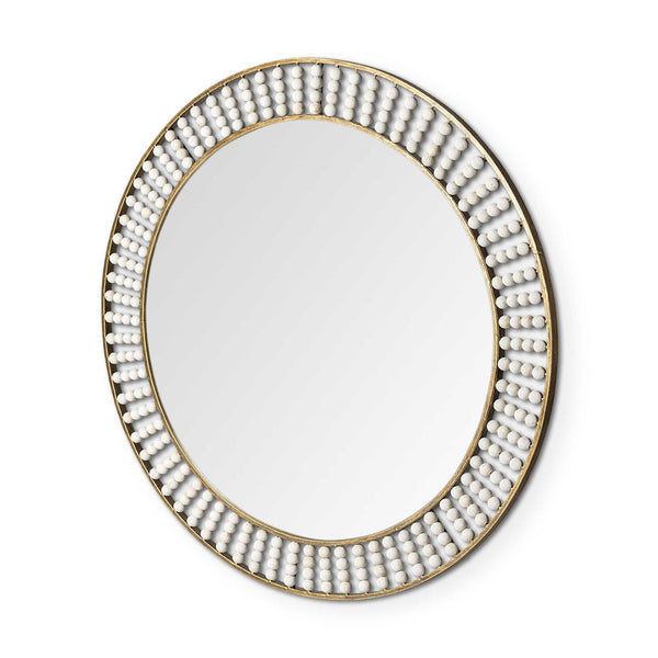 Homeroots 42" Round Gold Metal Frame Wall Mirror With White Wood Beads  Metal 376426