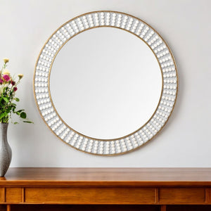 HomeRoots 42" Round Gold Metal Frame Mirror with White Wood Bead Accents - Stylish Decor for Any Room! 376426
