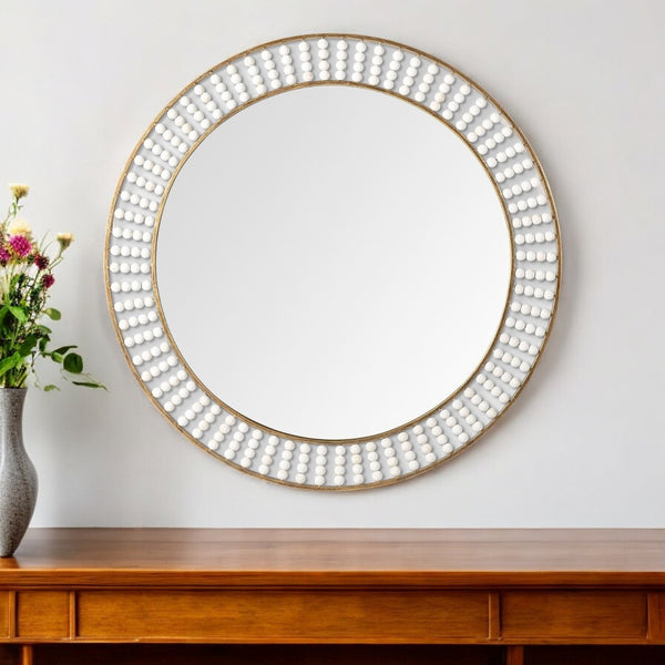 HomeRoots 42" Round Gold Metal Frame Mirror with White Wood Bead Accents - Stylish Decor for Any Room! 376426