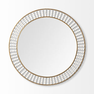 Homeroots 42" Round Gold Metal Frame Wall Mirror With White Wood Beads  Metal 376426