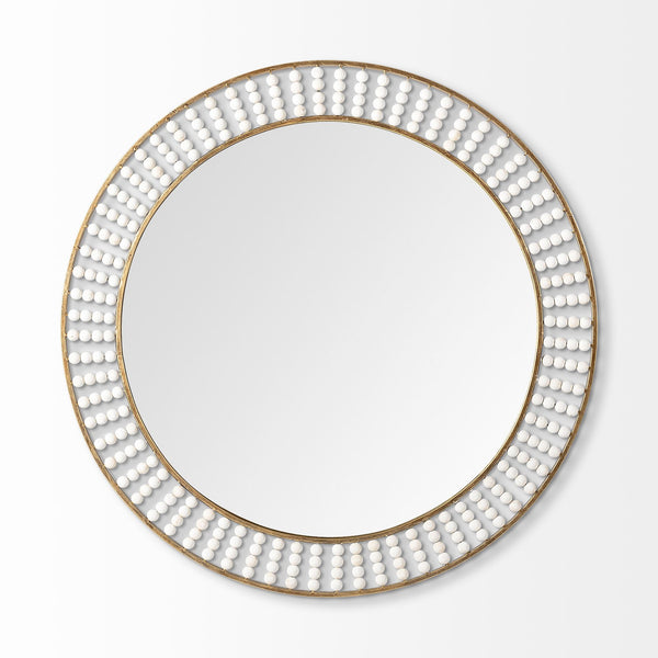 Homeroots 42" Round Gold Metal Frame Wall Mirror With White Wood Beads  Metal 376426