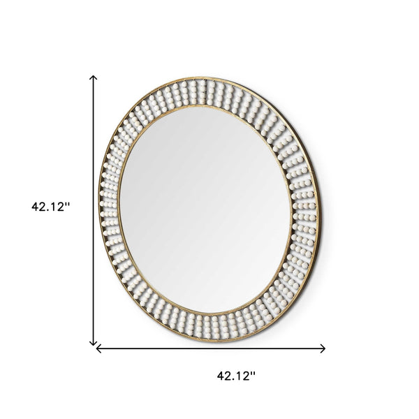 Homeroots 42" Round Gold Metal Frame Wall Mirror With White Wood Beads  Metal 376426