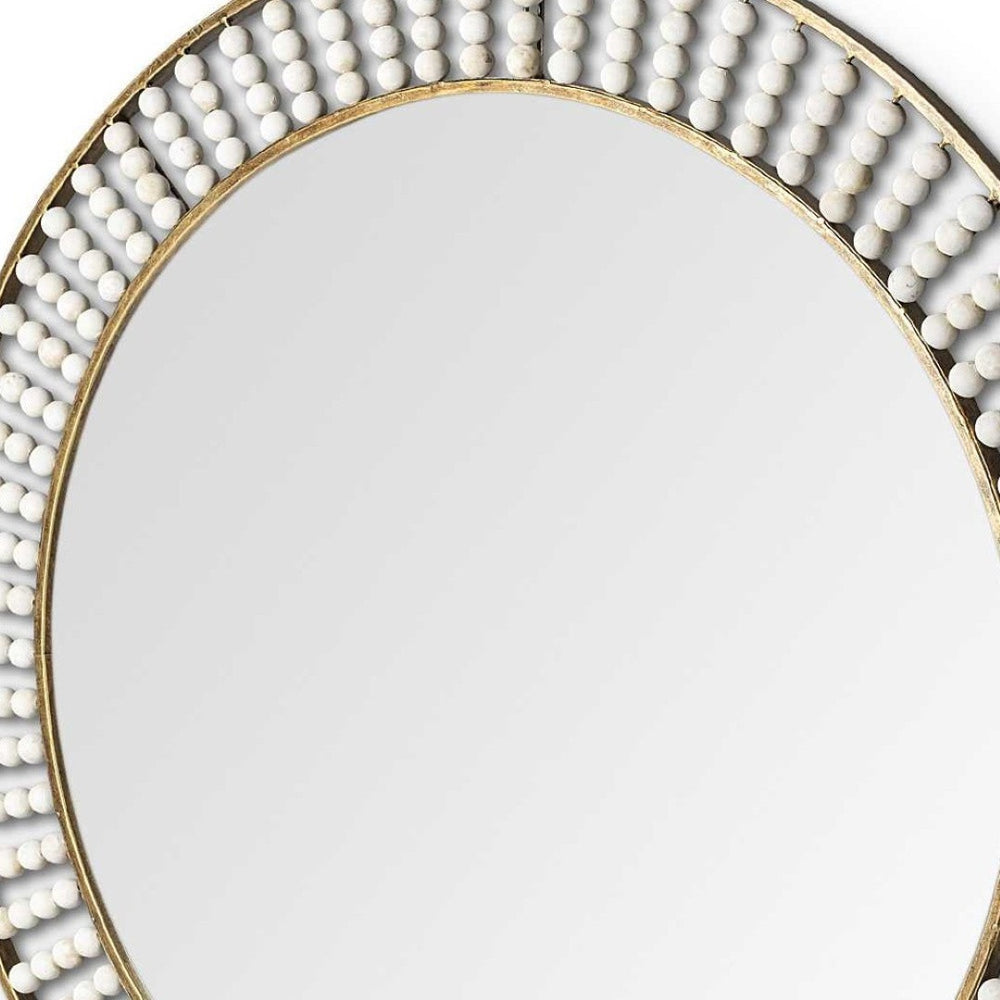 HomeRoots 42" Round Gold Metal Frame Mirror with White Wood Bead Accents - Stylish Decor for Any Room! 376426
