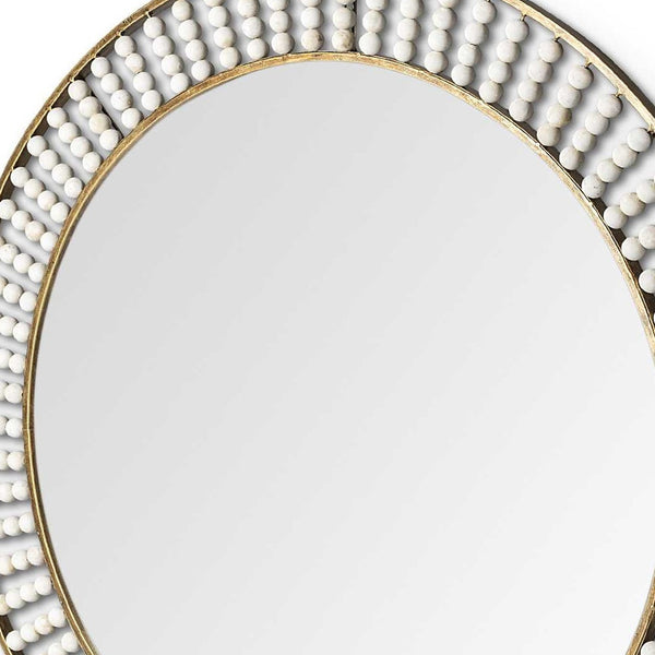 Homeroots 42" Round Gold Metal Frame Wall Mirror With White Wood Beads  Metal 376426