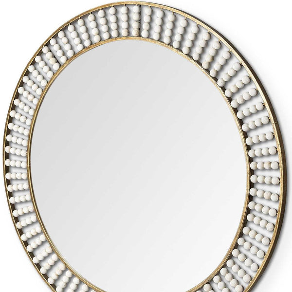 Homeroots 42" Round Gold Metal Frame Wall Mirror With White Wood Beads  Metal 376426