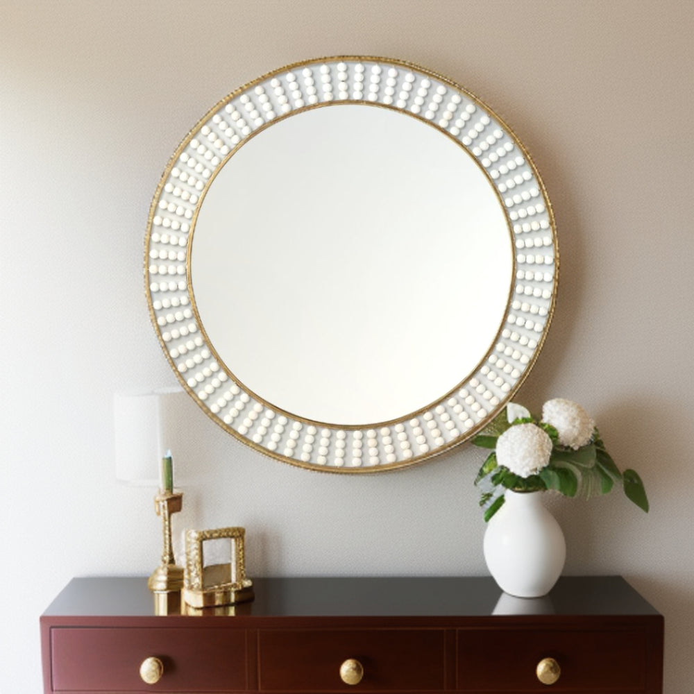 Homeroots 42" Round Gold Metal Frame Wall Mirror With White Wood Beads  Metal 376426