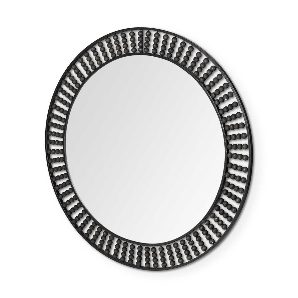 Homeroots 42" Round Black Metal Frame Wall Mirror With Wood Beads  Metal 376427