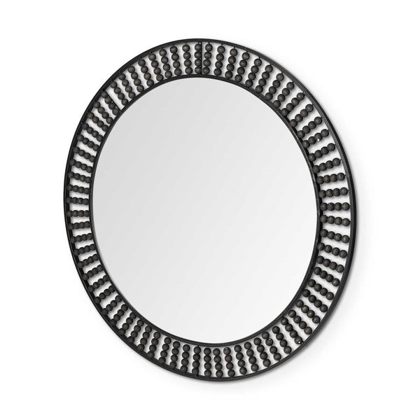 Homeroots 42" Round Black Metal Frame Wall Mirror With Wood Beads  Metal 376427