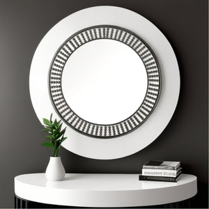 Homeroots 42" Round Black Metal Frame Wall Mirror With Wood Beads  Metal 376427