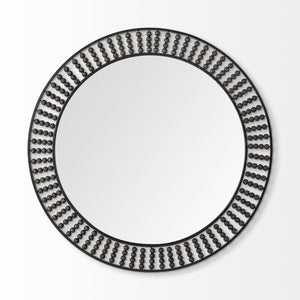 Homeroots 42" Round Black Metal Frame Wall Mirror With Wood Beads  Metal 376427