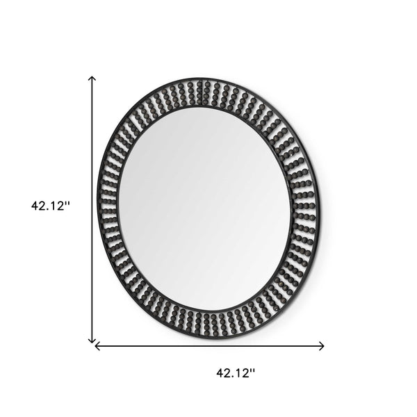 Homeroots 42" Round Black Metal Frame Wall Mirror With Wood Beads  Metal 376427