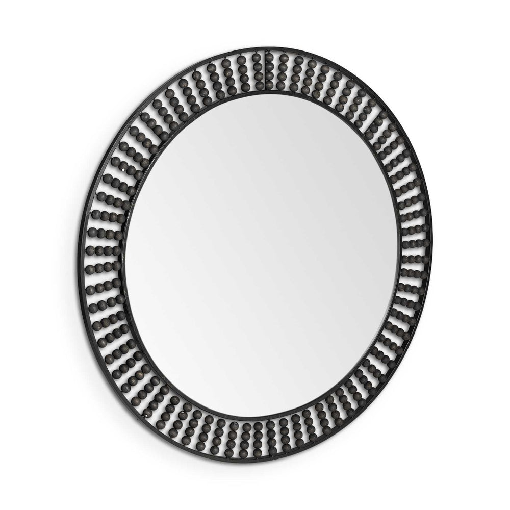 HomeRoots 42" Round Black Metal Frame Wall Mirror with Wooden Bead Accents for Stylish Home Décor Upgrade 376427