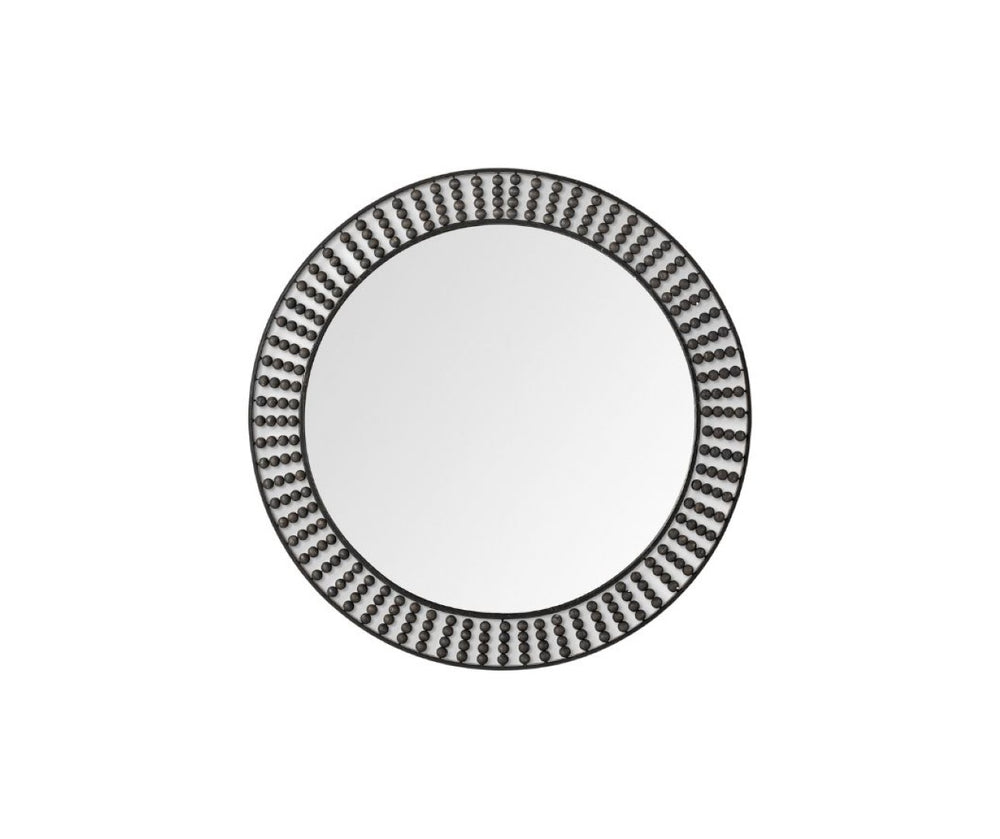 HomeRoots 42" Round Black Metal Frame Wall Mirror with Wooden Bead Accents for Stylish Home Décor Upgrade 376427