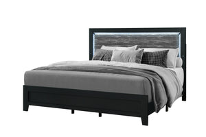 English Elm CARLOS Modern Black King Bed with Upholstered Headboard, Solid Wood+MDF Frame and LED Accent Lighting B201P256664